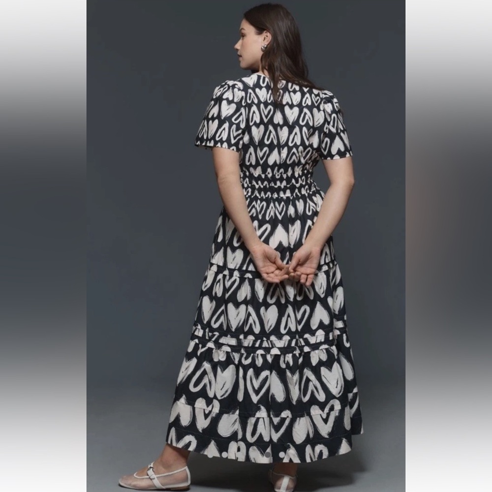Anthropologie The Somerset Maxi Dress Smocked Heart Edition Poplin Black White - Picture 5 of 7